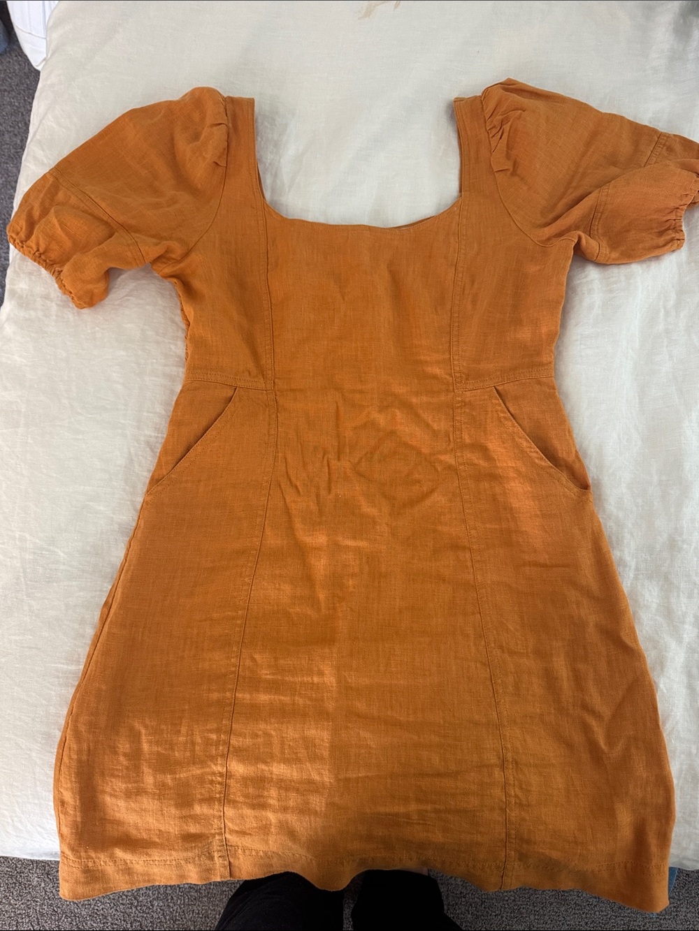 Madewell Square-Neck Short Puff Sleeve Dress in Rust Orange
